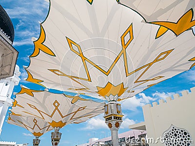 Giant Folding Umbrella in Banda Aceh Baiturrahman Grand Mosque Stock Photo