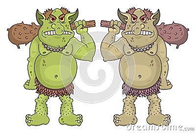 Giant Funny cartoon ogres holds a wooden clubs. Cute fantasy mythical characters. Vector cave dwellers. Design for print, emblem, Vector Illustration