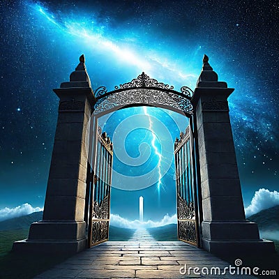 a giant gate to heaven with wonderful fantasy art Cartoon Illustration