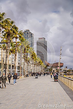 The giant Gold Fish sculpture, El Peix by Frank Gehry located on the Olypmic Port of Barcelona, Catalonia, Spain Editorial Stock Photo