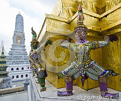 Giant guardian at Emerald Buddha Temple, black and white Stock Photo