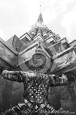 Giant guardian at Emerald Buddha Temple, black and white Stock Photo