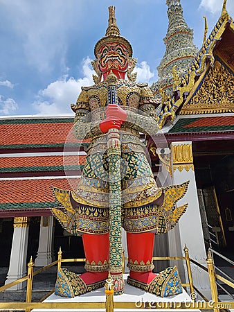 The giant guarding the temple's door at Wat Phra Kaew, the fifth one has the name suriyaphob Stock Photo