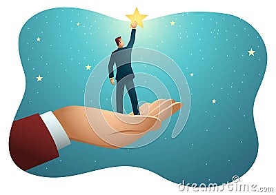Giant hand helping a businessman to reach out for the stars Vector Illustration