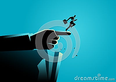 Giant hand pointing to the wrong way to a businessman Vector Illustration