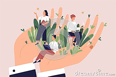 Giant hands holding tiny office workers. Concept of employee care, wellbeing at work or workplace, perks and benefits Vector Illustration