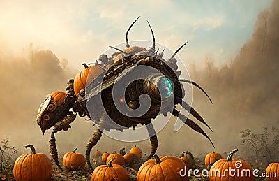 A giant insect that is standing in the middle of a field of pumpkins in front of a foggy sky with lots of orange Stock Photo