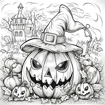 Giant jack-o-lantern pumpkin with witch hat to circle small pumpkins in the background house., Halloween black and white picture Vector Illustration