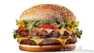 Giant juicy cheeseburger hamburger with lettuce tomato cheese pickle on white background Cartoon Illustration
