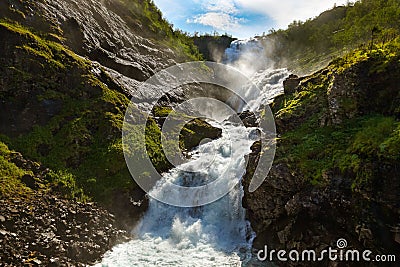 Giant Kjosfossen waterfall in Flam - Norway Stock Photo