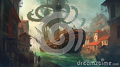 Giant kraken attacking a port city. Fantasy concept , Illustration painting Stock Photo