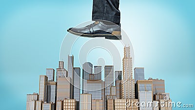 A giant male shoe ready to stomp at a small cluster of business towers on blue background. Stock Photo