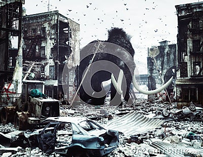 Giant mammot in destroyed city Stock Photo