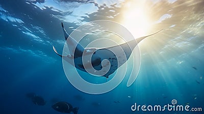 Giant oceanic manta ray in blue sea Stock Photo