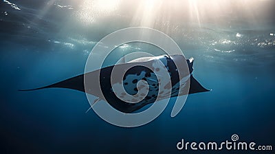 giant oceanic manta ray (Mobula birostris) swimming in the deep waters of the Atlantic Ocean Stock Photo