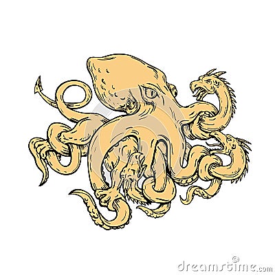 Giant Octopus Fighting Hydra Drawing Vector Illustration