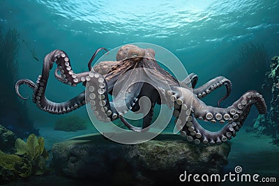 giant octopus kraken sitting in serene underwater landscape, tentacles resting on the seafloor Stock Photo