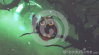 Giant owl and its owner standing on a branch in night forest Cartoon Illustration