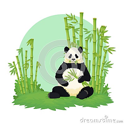 Giant panda sitting and eating with bamboo forest in the background. Black and white bear holding and chewing bamboo. Vector Illustration