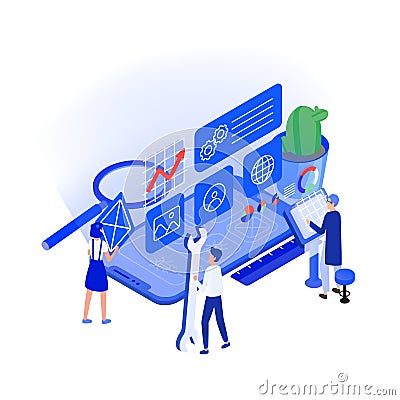 Giant phone or smartphone and tiny men and women working around. Mobile application programming and testing, finding Vector Illustration