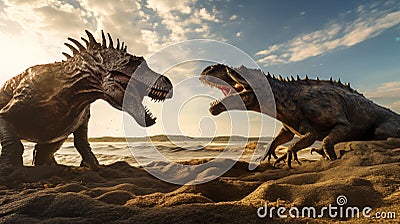 Giant prehistoric dinosaurs fighting on sandy beach. Generative AI Stock Photo