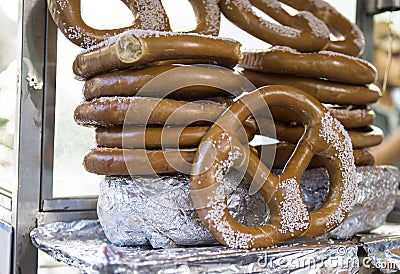 Large Salted New York street pretzel for sale Stock Photo