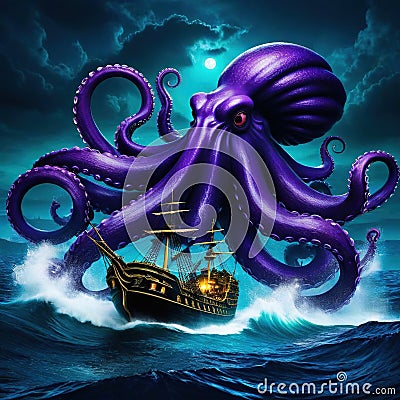 A giant purple octopus kraken monster attacking pirate ships in the dark ocean Cartoon Illustration