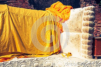 Giant reclining buddha statue feet at Wat Lokayasutharam Ayutthaya Bangkok Thailand Stock Photo