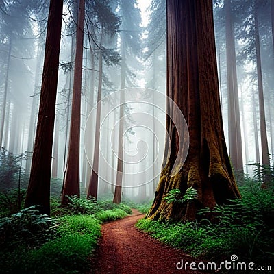 giant redwoods in a misty forest, with towering trees Stock Photo
