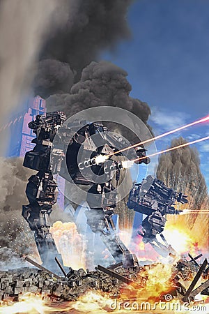 Giant robot at battle Cartoon Illustration