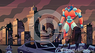 Giant Robot in City Vector Illustration