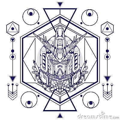 Giant Robot Head Illustration with sacred geometry can use for sticker and poster design Vector Illustration