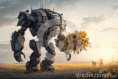 Giant robot holding a bouquet of flowers and walking through a field of sunflowers illustration generative ai Cartoon Illustration