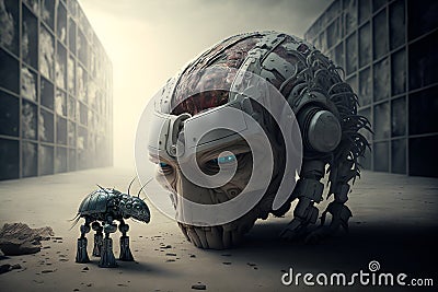 A giant robotic brain and a small robot. Generative AI Stock Photo