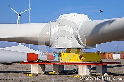 Giant rotors of wind turbine waiting for transport Stock Photo
