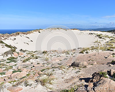 Giant sand dune on a cliff. Duna Rampante de Monte Branco or Rampant Dune of Monte Blanco. Costa da Morte, CamariÃ±as, Spain. Stock Photo