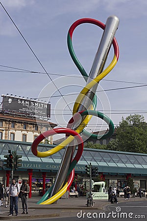 The giant sculpture of a needle and threat in Piazza Cadorna in Milan Editorial Stock Photo