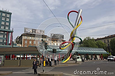 The giant sculpture of a needle and threat in Piazza Cadorna in Milan Editorial Stock Photo