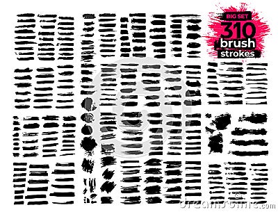 Giant set of black brush strokes. Paint, ink, brushes, lines, grunge. Strokes text. Dirty artistic design elements, boxes, frames Cartoon Illustration