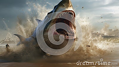 Apocalyptic Shark: A Giant Shark Punching The Ground Stock Photo