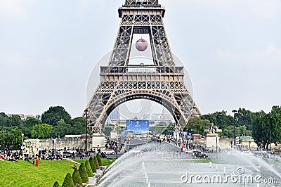 Giant soccer ball suspended on the Eiffel Tower during the UEFA Editorial Stock Photo