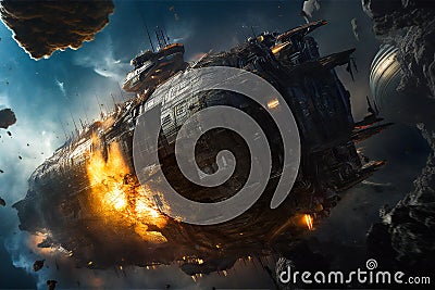 Giant space ship after a space battle. AI generated. Stock Photo