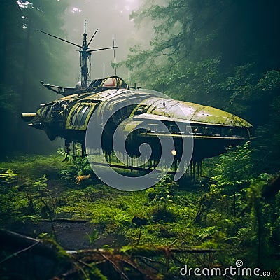 Giant spaceship abandoned in the ground in the middle of the swamp. Generative AI Stock Photo