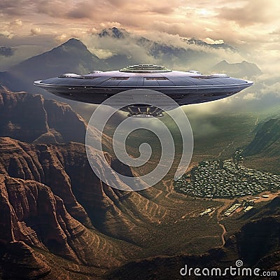 A giant spaceship across the mountain Stock Photo