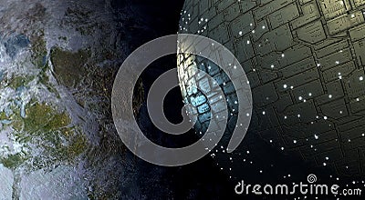 Giant spherical spaceship approaching Earth Cartoon Illustration