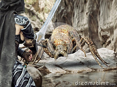 A giant spider battles a valiant warrior . Stock Photo