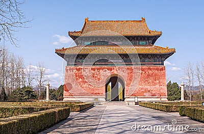 Giant stele visible inside entrance hall to Ming Tombs Changling, China Stock Photo