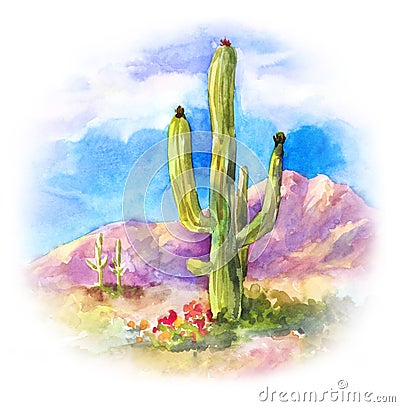 Giant succulent Carnegiea in the desert landscape Cartoon Illustration