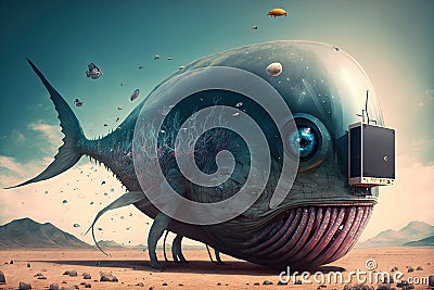 A giant surreal fish having mechanical parts with computational capability. generative AI Stock Photo