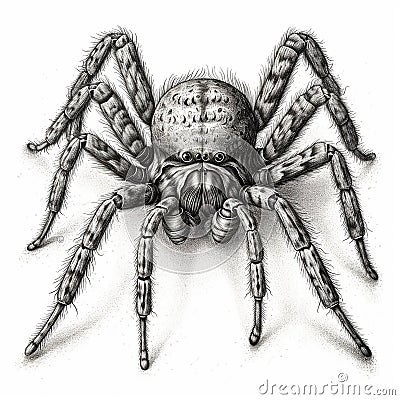 giant tarantula spider, scary black hairy predatory spider, black and white drawing, engraving Stock Photo